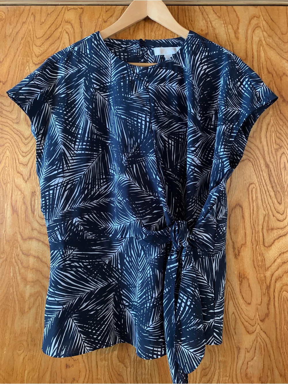 MICHAEL Michael Kors Navy and White Palm-Print Tie-Waist Top